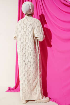 Şal Yaka Örgü Desenli Uzun Triko Hırka Bej - Thumbnail