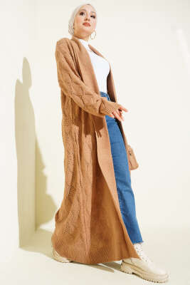 Şal Yaka Örgü Desenli Uzun Triko Hırka Latte - Thumbnail