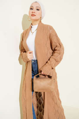 Şal Yaka Örgü Desenli Uzun Triko Hırka Latte - Thumbnail