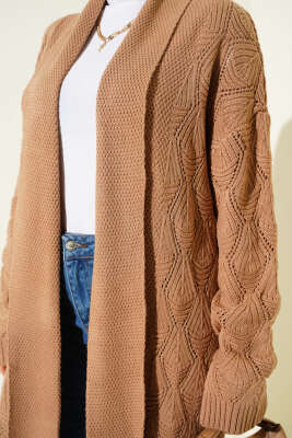 Şal Yaka Örgü Desenli Uzun Triko Hırka Latte - Thumbnail