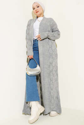 Şal Yaka Örgü Desenli Uzun Triko Hırka Gri - Thumbnail