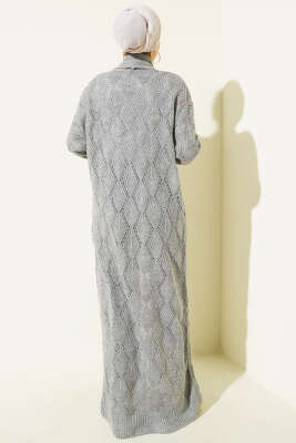 Şal Yaka Örgü Desenli Uzun Triko Hırka Gri - Thumbnail