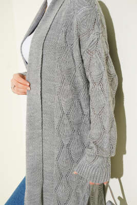 Şal Yaka Örgü Desenli Uzun Triko Hırka Gri - Thumbnail