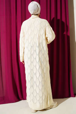 Şal Yaka Örgü Desenli Uzun Triko Hırka Taş - Thumbnail