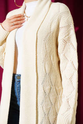 Şal Yaka Örgü Desenli Uzun Triko Hırka Taş - Thumbnail