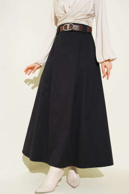 Pazarium - Kemerli Pileli Kloş Etek Siyah