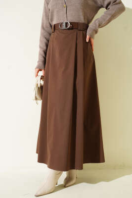 Pazarium - Kemerli Pileli Kloş Etek Kahve