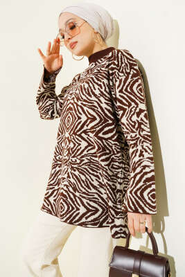 Pazarium - Karışık Desen Triko Tunik Kahve