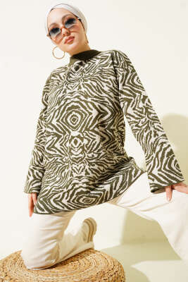 Pazarium - Karışık Desen Triko Tunik Haki