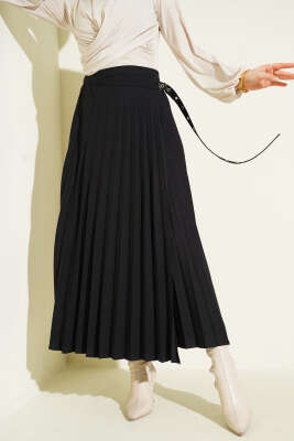 Pazarium - Piliseli Yan Kemer Detaylı Etek Siyah