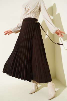 Pazarium - Piliseli Yan Kemer Detaylı Etek Kahve