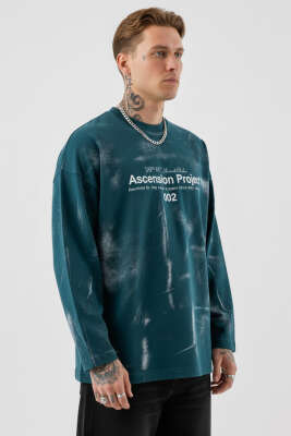 Pazarium - Baskılı Batik Erkek Sweatshirt Petrol