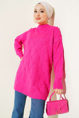 Pazarium - Baklava Kabartma Triko Tunik Fuşya