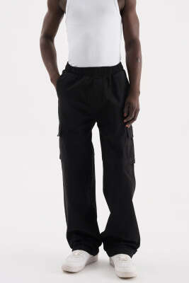 Pazarium - Bel Lastikli Erkek Kot Kargo Pantolon Siyah