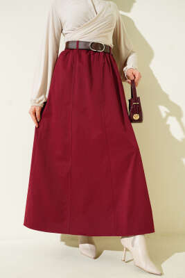 Pazarium - Beli Lastikli Basic Kloş Etek Bordo