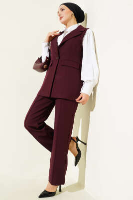Pazarium - Tek Düğmeli Kruvaze Yaka Yelekli Takım Burgonya