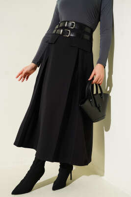Pazarium - Çift Kemerli Pens Detaylı Kloş Etek Siyah
