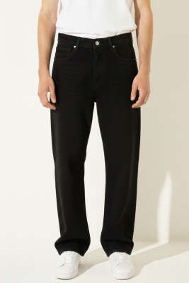 Pazarium - Boru Paça Regular Fit Erkek Kot Pantolon Siyah