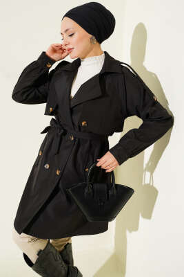 Pazarium - Omuz Apoletli Düğmeli Astarsız Trençkot Siyah