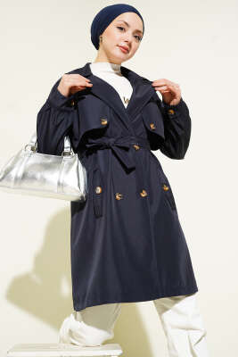 Pazarium - Omuz Apoletli Düğmeli Astarsız Trençkot Lacivert