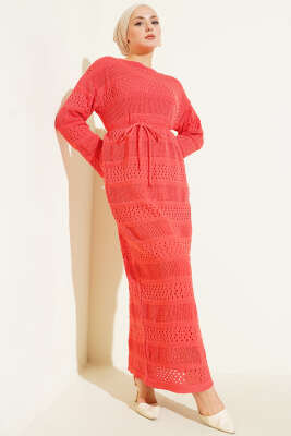 Pazarium - Şerit Ajur Desen Triko Elbise Gül Kurusu