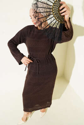 Pazarium - Şerit Ajur Desen Triko Elbise Acı Kahve