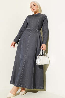 Pazarium - Boydan Dikiş Detaylı Kot Elbise Kot