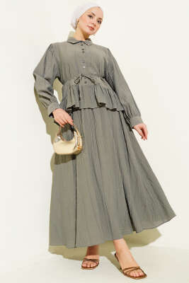 Pazarium - Düğmeli Fırfırlı Etekli İkili Takım Haki