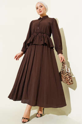 Pazarium - Düğmeli Fırfırlı Etekli İkili Takım Acı Kahve