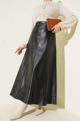 Pazarium - Dikiş Detaylı Kemerli Deri Etek Siyah