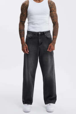 Pazarium - Oversize Baggy Jean Erkek Pantolon Füme