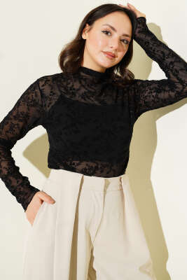Pazarium - Çiçek Desen Tül Uzun Kol Bluz Siyah