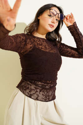 Pazarium - Çiçek Desen Tül Uzun Kol Bluz Acı Kahve