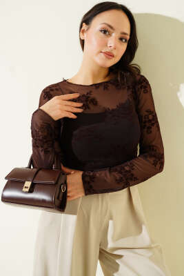 Pazarium - Uzun Kollu Çiçekli Tül Bluz Acı Kahve