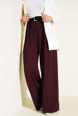 Pazarium - Geniş Paçalı Palazzo Kumaş Pantolon Mürdüm