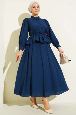 Pazarium - Düğmeli Fırfırlı Etekli İkili Takım Lacivert