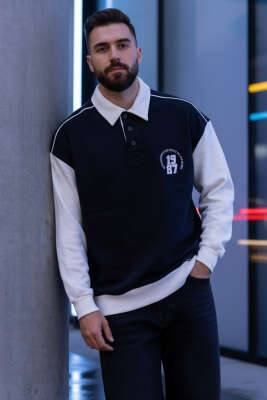 Pazarium - Gömlek Yaka Baskılı Erkek Sweatshirt Siyah