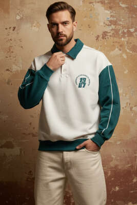 Pazarium - Gömlek Yaka Baskılı Erkek Sweatshirt Ekru