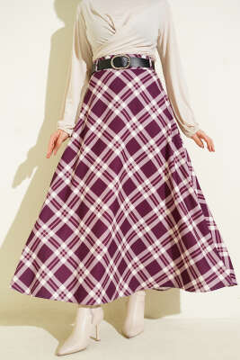 Pazarium - Kloş Ekose Desenli Kemerli Etek Mürdüm