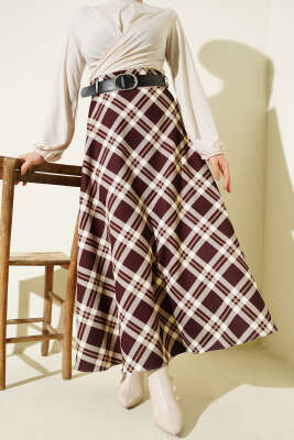 Pazarium - Kloş Ekose Desenli Kemerli Etek Kahve