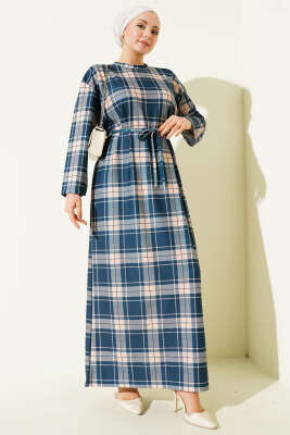 Pazarium - Ekoseli İp Kuşaklı Elbise İndigo