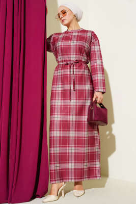 Pazarium - Ekoseli İp Kuşaklı Elbise Bordo