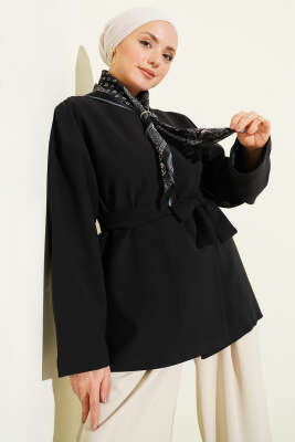 Pazarium - Düğmeli Kuşaklı Basic Ceket Siyah