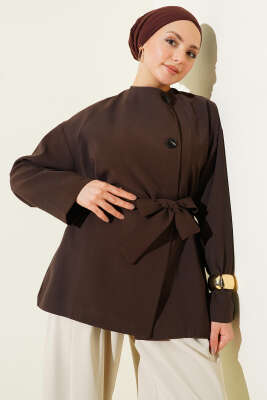 Pazarium - Düğmeli Kuşaklı Basic Ceket Kahve