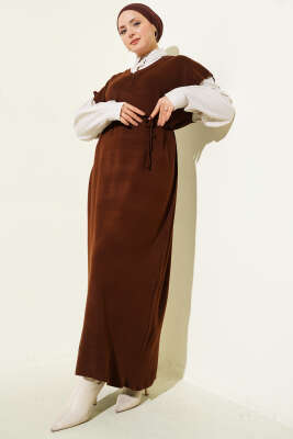 Pazarium - Çizgi Gömlek Garnili Triko Elbise Kahve Bej