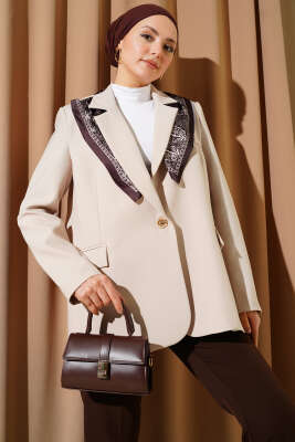 Pazarium - Fularlı Düğmeli Blazer Ceket Taş