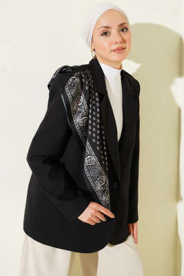 Pazarium - Fularlı Düğmeli Blazer Ceket Siyah