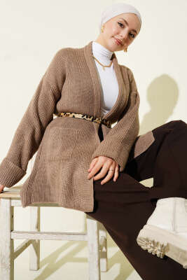 Pazarium - Şal Yaka Pirinç Örgü Triko Hırka Bronz