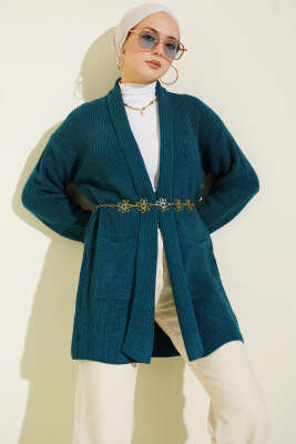 Pazarium - Şal Yaka Pirinç Örgü Triko Hırka Petrol