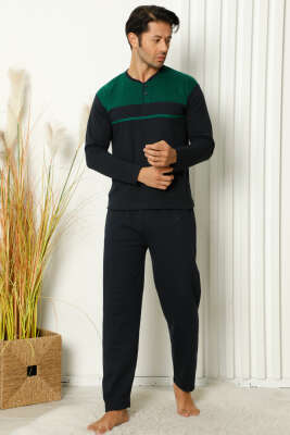 Pazarium - Yaka Düğmeli Uzun Kol Erkek Pijama Takımı Haki